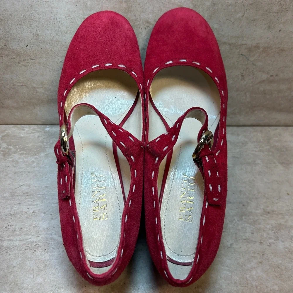 Franco Sarto Red Suede Mary Jane Wedge Pumps Whipstitch 10M L-SIRUP